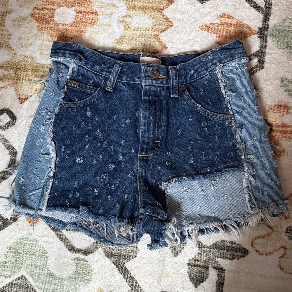 Frayed Denim Patchwork Jean Shorts